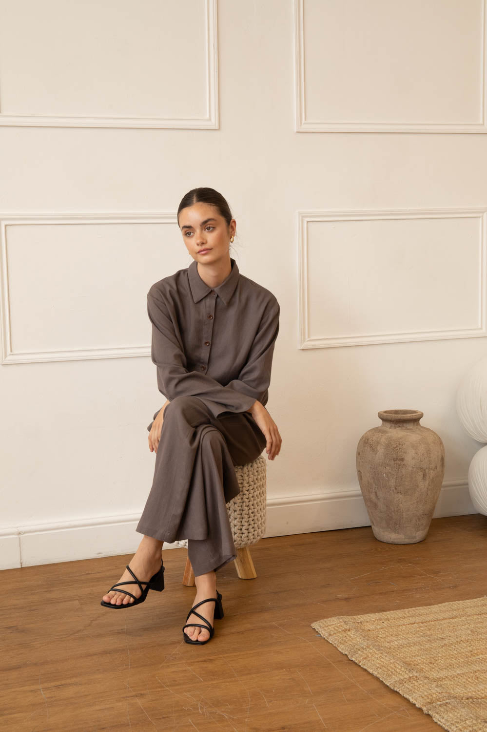 Linen Blend Charcoal Shirt & Trouser Set