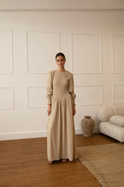 Stone Linen Blend Shirred Maxi Dress