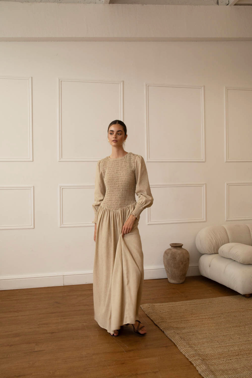 Stone Linen Blend Shirred Maxi Dress