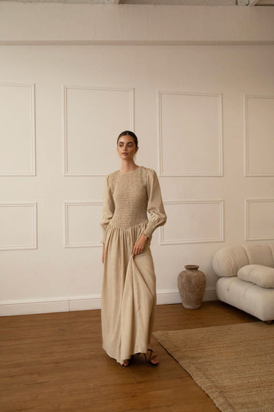 Stone Linen Blend Shirred Maxi Dress