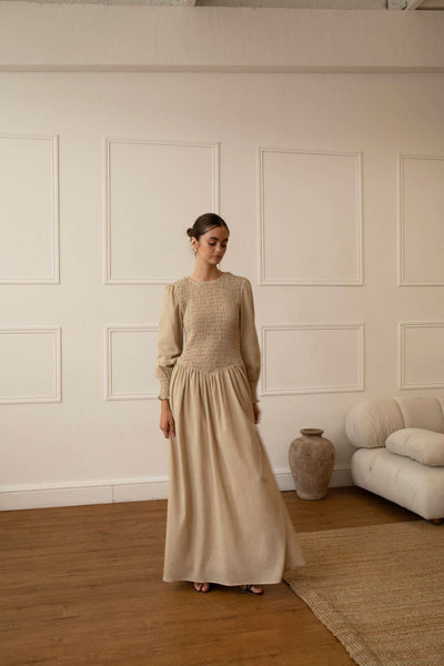 Stone Linen Blend Shirred Maxi Dress