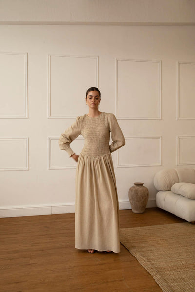 Stone Linen Blend Shirred Maxi Dress