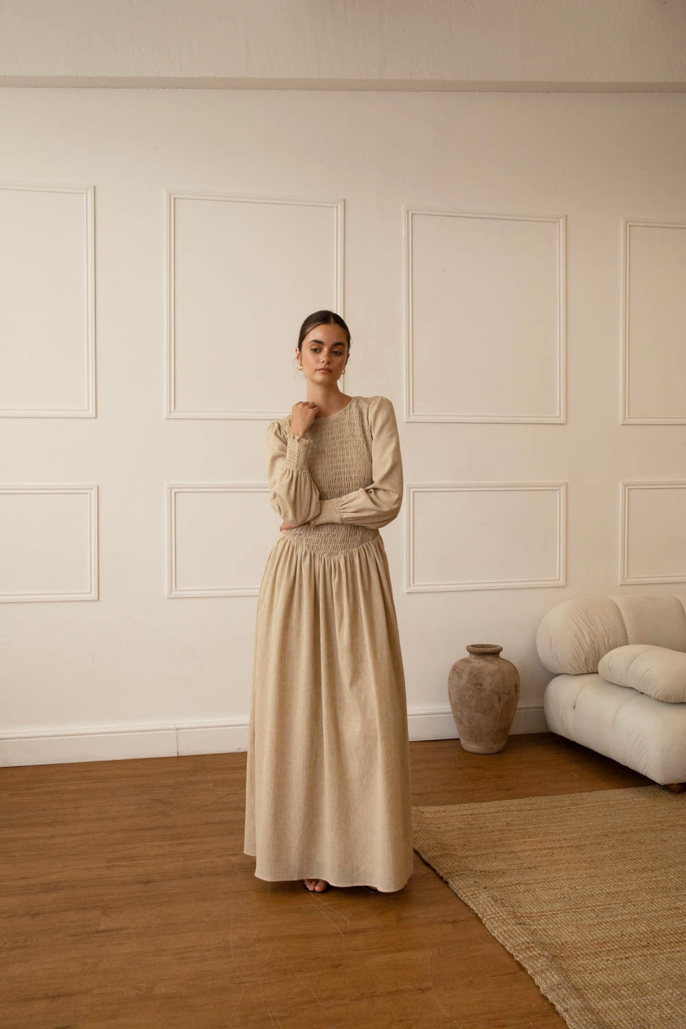 Stone Linen Blend Shirred Maxi Dress