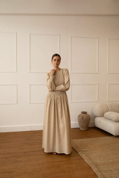 Stone Linen Blend Shirred Maxi Dress