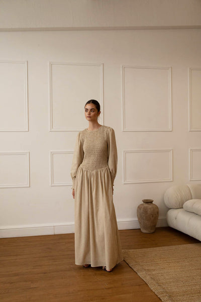 Stone Linen Blend Shirred Maxi Dress