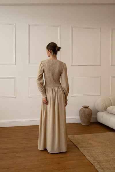 Stone Linen Blend Shirred Maxi Dress
