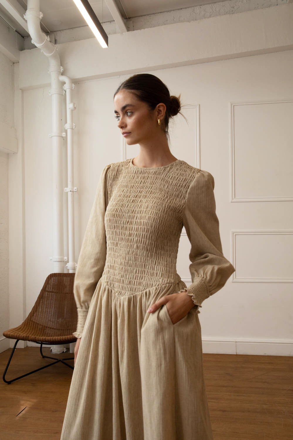 Stone Linen Blend Shirred Maxi Dress