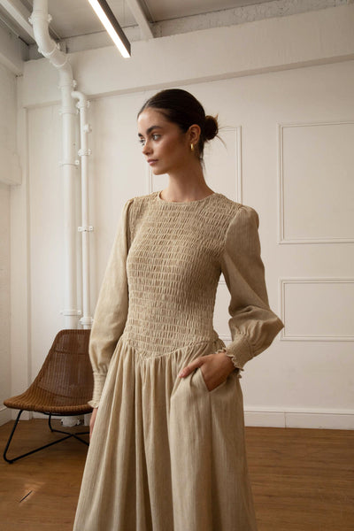 Stone Linen Blend Shirred Maxi Dress