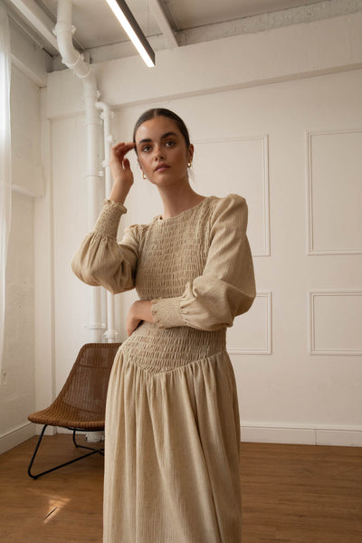 Stone Linen Blend Shirred Maxi Dress