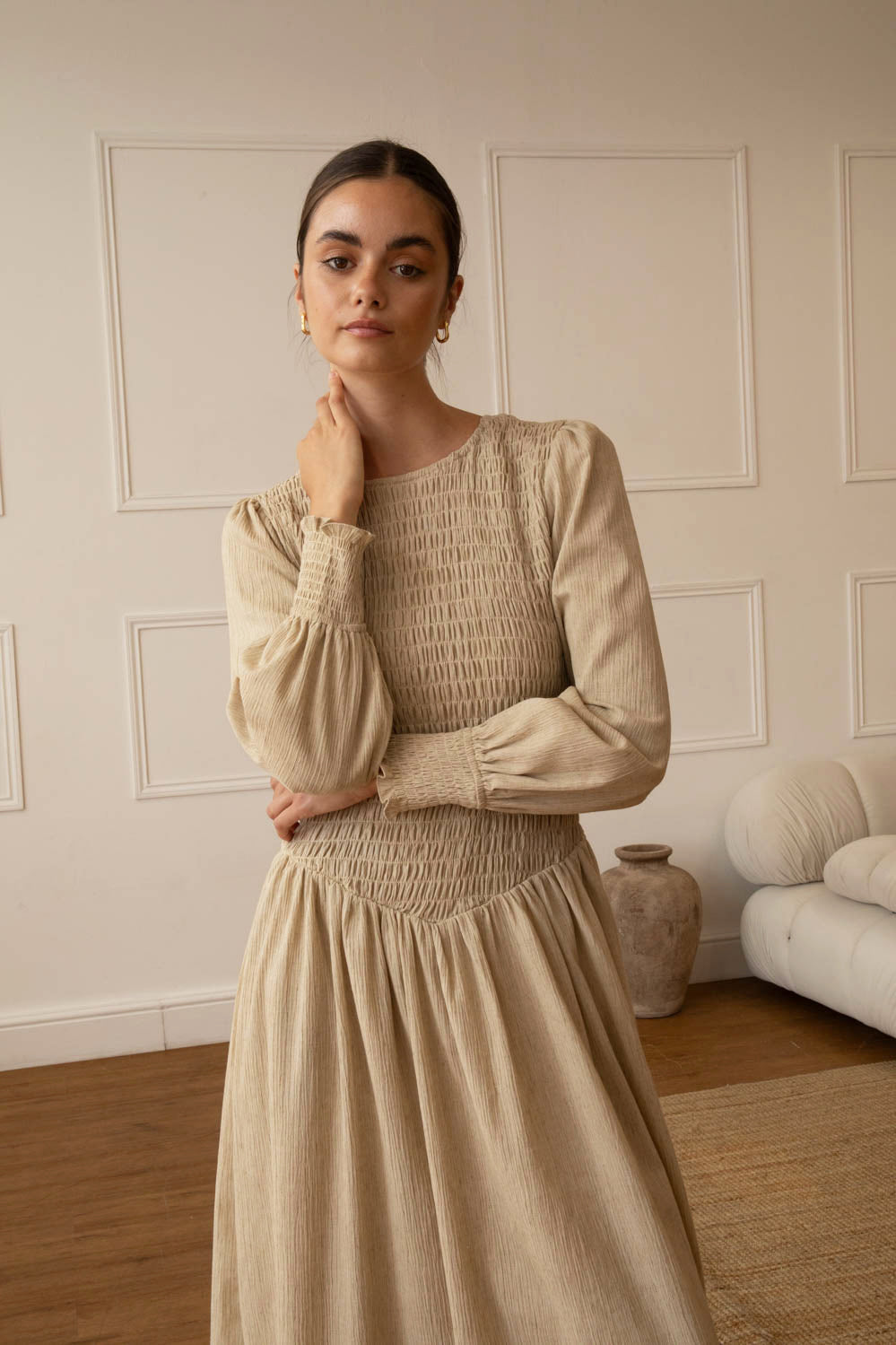 Stone Linen Blend Shirred Maxi Dress