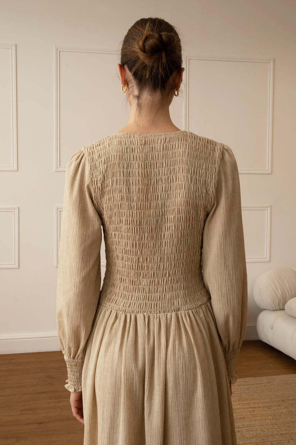 Stone Linen Blend Shirred Maxi Dress