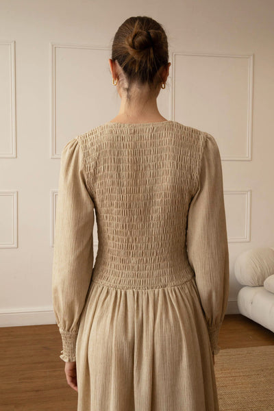 Stone Linen Blend Shirred Maxi Dress