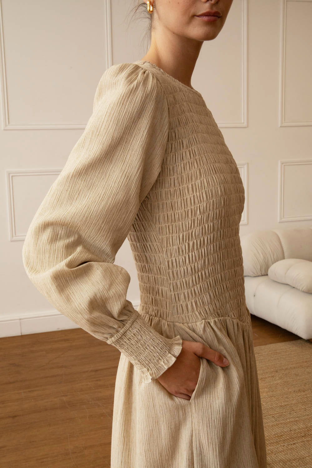 Stone Linen Blend Shirred Maxi Dress