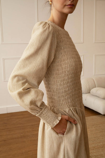 Stone Linen Blend Shirred Maxi Dress