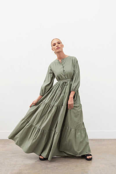 Green Cotton Poplin Tiered Dress (Pre-Order)