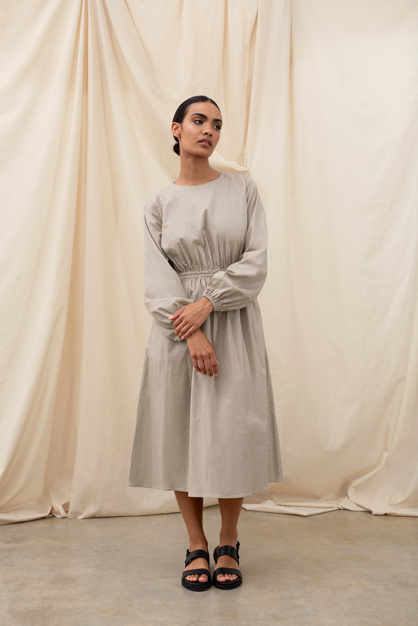Grey Maxi Cotton Dress With Gathering