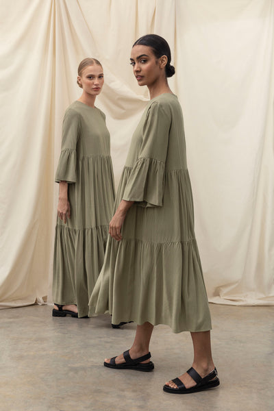 Olive Wide Sleeve Midi Dress